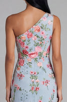 Laden Sie das Bild in den Galerie-Viewer, Blaues Rosa Blumen Tüll Einschulter Scheide Floral Midi-Kleid