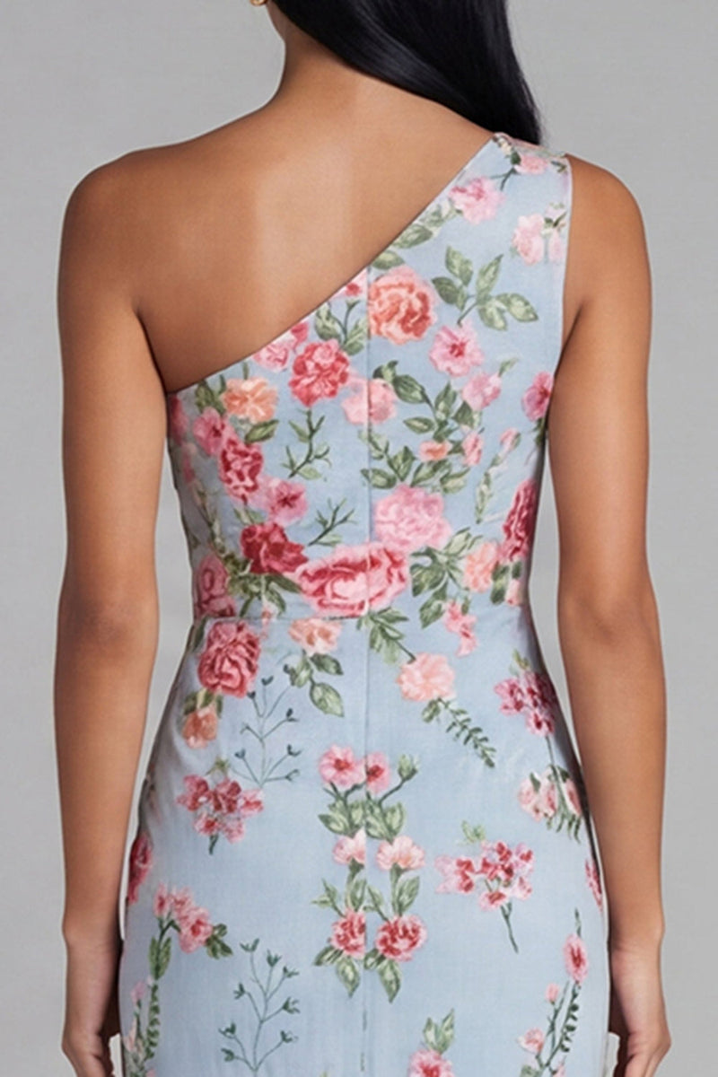 Laden Sie das Bild in den Galerie-Viewer, Blaues Rosa Blumen Tüll Einschulter Scheide Floral Midi-Kleid