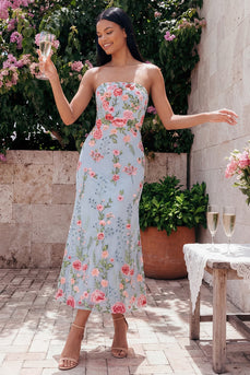 Blaues Rosa Tüll Trägerloses Scheide Geblümtes Midi-Kleid