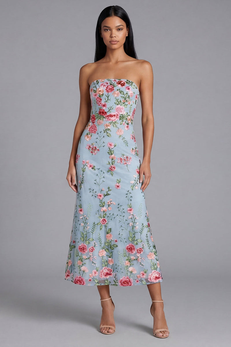 Laden Sie das Bild in den Galerie-Viewer, Blaues Rosa Tüll Trägerloses Scheide Geblümtes Midi-Kleid