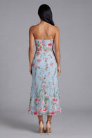 Laden Sie das Bild in den Galerie-Viewer, Blaues Rosa Tüll Trägerloses Scheide Geblümtes Midi-Kleid