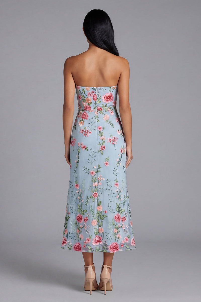 Laden Sie das Bild in den Galerie-Viewer, Blaues Rosa Tüll Trägerloses Scheide Geblümtes Midi-Kleid