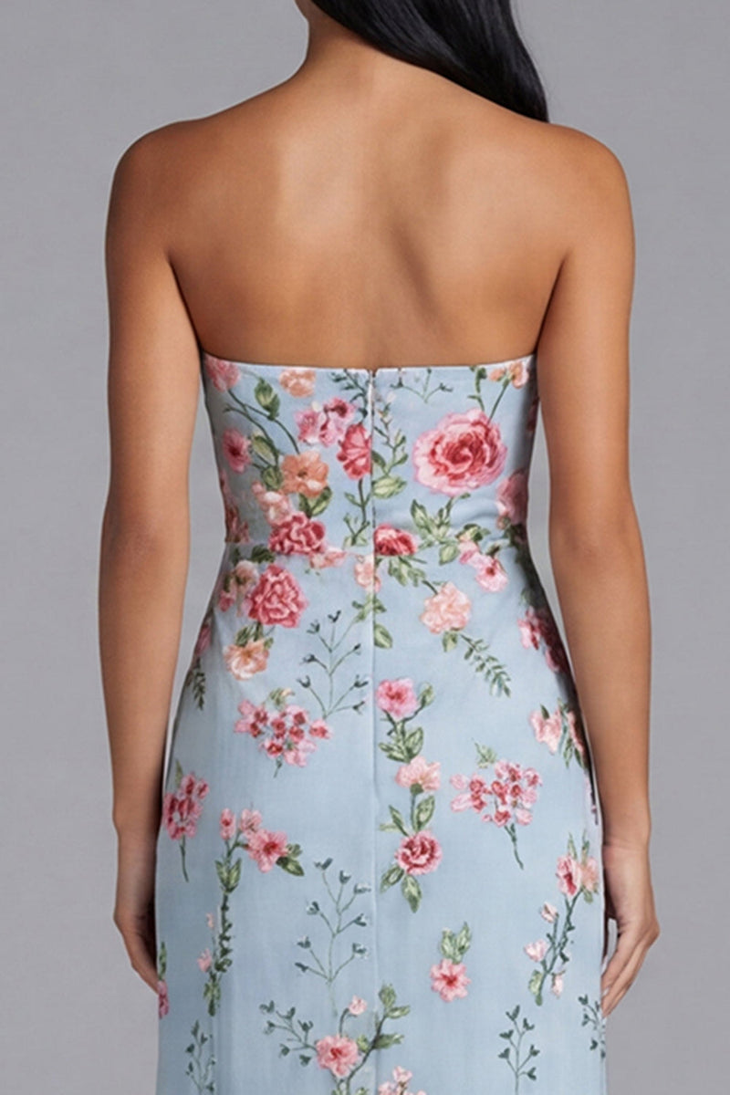 Laden Sie das Bild in den Galerie-Viewer, Blaues Rosa Tüll Trägerloses Scheide Geblümtes Midi-Kleid