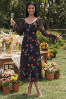 Laden Sie das Bild in den Galerie-Viewer, Schwarzes Tüll V-Ausschnitt Scheide Blumen Midi-Kleid mit langen Ärmeln