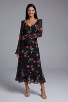 Laden Sie das Bild in den Galerie-Viewer, Schwarzes Tüll V-Ausschnitt Scheide Blumen Midi-Kleid mit langen Ärmeln