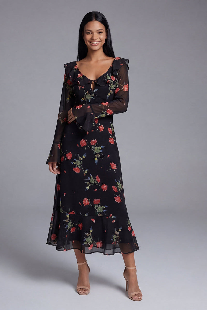 Laden Sie das Bild in den Galerie-Viewer, Schwarzes Tüll V-Ausschnitt Scheide Blumen Midi-Kleid mit langen Ärmeln