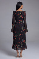 Laden Sie das Bild in den Galerie-Viewer, Schwarzes Tüll V-Ausschnitt Scheide Blumen Midi-Kleid mit langen Ärmeln