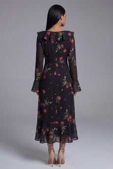 Schwarzes Tüll V-Ausschnitt Scheide Blumen Midi-Kleid mit langen Ärmeln