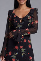 Laden Sie das Bild in den Galerie-Viewer, Schwarzes Tüll V-Ausschnitt Scheide Blumen Midi-Kleid mit langen Ärmeln