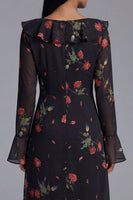 Laden Sie das Bild in den Galerie-Viewer, Schwarzes Tüll V-Ausschnitt Scheide Blumen Midi-Kleid mit langen Ärmeln