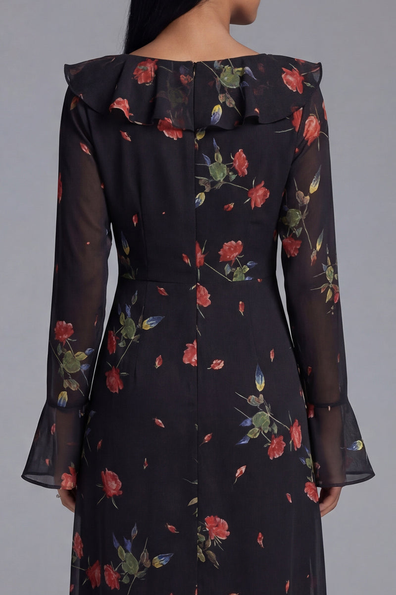 Laden Sie das Bild in den Galerie-Viewer, Schwarzes Tüll V-Ausschnitt Scheide Blumen Midi-Kleid mit langen Ärmeln
