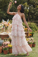 Laden Sie das Bild in den Galerie-Viewer, Halterhals Weiß-Rosa Blüten Chiffon Blumenmuster Scheide Gestuftes Ballkleid