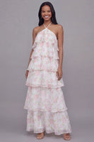 Laden Sie das Bild in den Galerie-Viewer, Halterhals Weiß-Rosa Blüten Chiffon Blumenmuster Scheide Gestuftes Ballkleid
