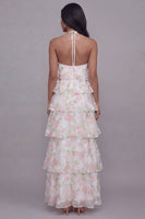 Laden Sie das Bild in den Galerie-Viewer, Halterhals Weiß-Rosa Blüten Chiffon Blumenmuster Scheide Gestuftes Ballkleid