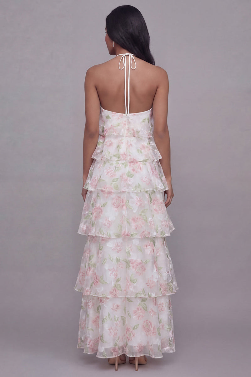 Laden Sie das Bild in den Galerie-Viewer, Halterhals Weiß-Rosa Blüten Chiffon Blumenmuster Scheide Gestuftes Ballkleid