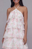 Laden Sie das Bild in den Galerie-Viewer, Halterhals Weiß-Rosa Blüten Chiffon Blumenmuster Scheide Gestuftes Ballkleid