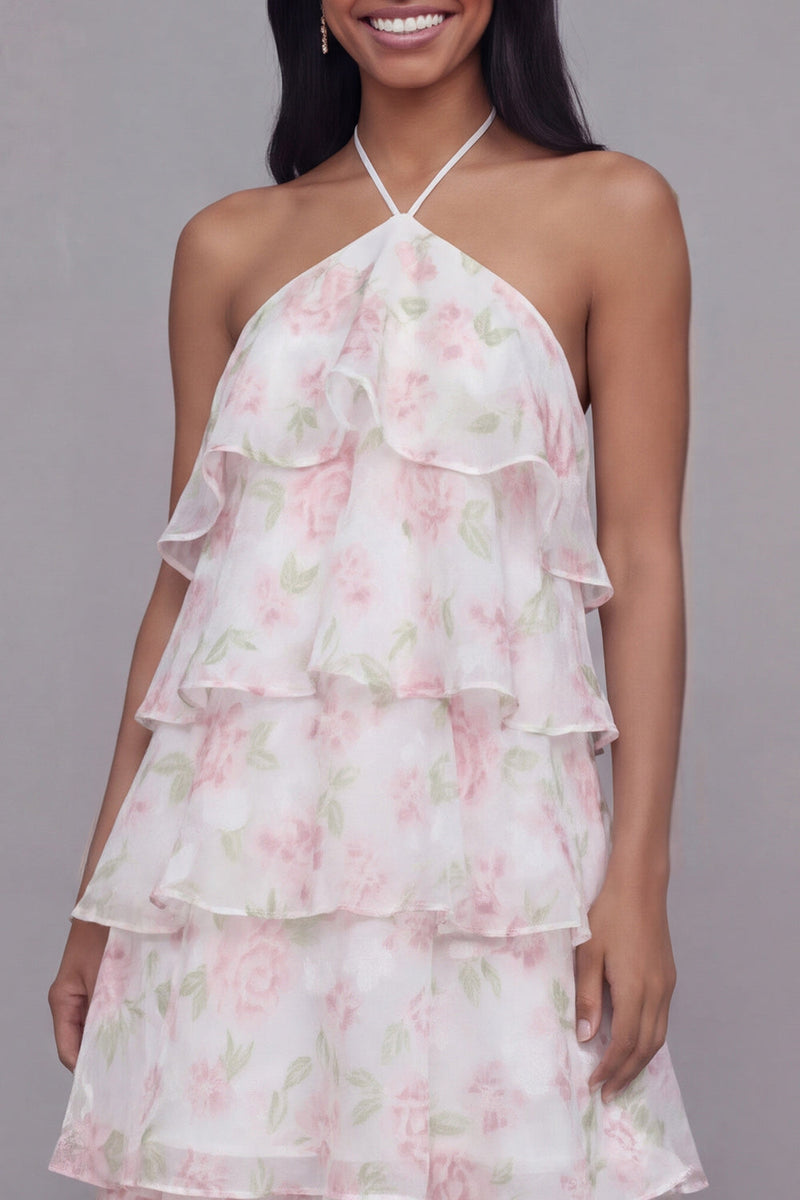 Laden Sie das Bild in den Galerie-Viewer, Halterhals Weiß-Rosa Blüten Chiffon Blumenmuster Scheide Gestuftes Ballkleid