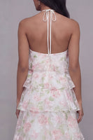 Laden Sie das Bild in den Galerie-Viewer, Halterhals Weiß-Rosa Blüten Chiffon Blumenmuster Scheide Gestuftes Ballkleid