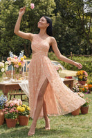 Laden Sie das Bild in den Galerie-Viewer, Orange Einschulter Besticktes Blumenkleid mit Tüll und Schlitz