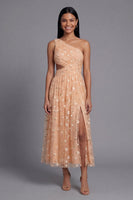 Laden Sie das Bild in den Galerie-Viewer, Orange Einschulter Besticktes Blumenkleid mit Tüll und Schlitz