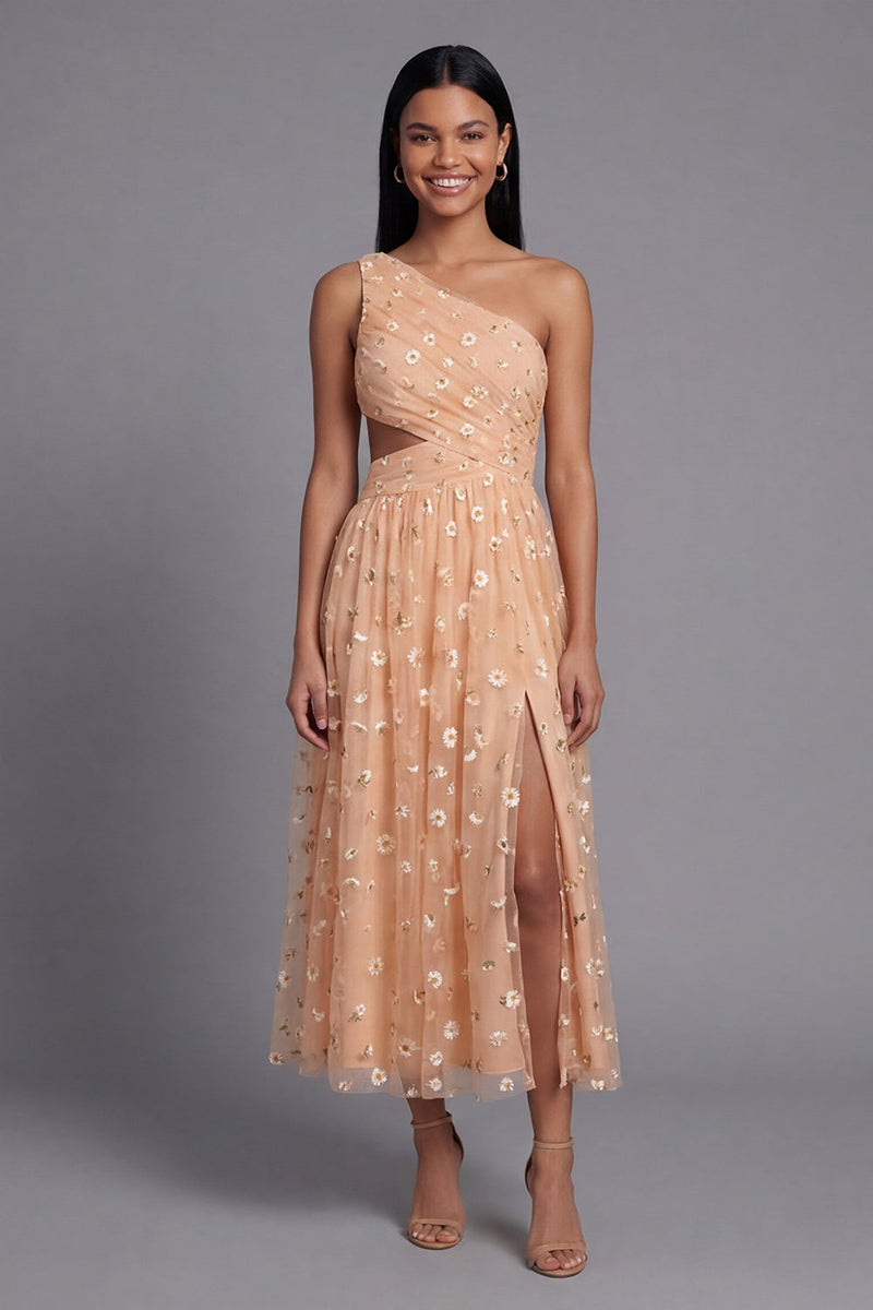Laden Sie das Bild in den Galerie-Viewer, Orange Einschulter Besticktes Blumenkleid mit Tüll und Schlitz