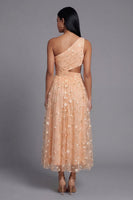 Laden Sie das Bild in den Galerie-Viewer, Orange Einschulter Besticktes Blumenkleid mit Tüll und Schlitz