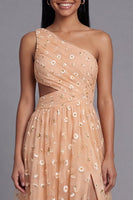 Laden Sie das Bild in den Galerie-Viewer, Orange Einschulter Besticktes Blumenkleid mit Tüll und Schlitz