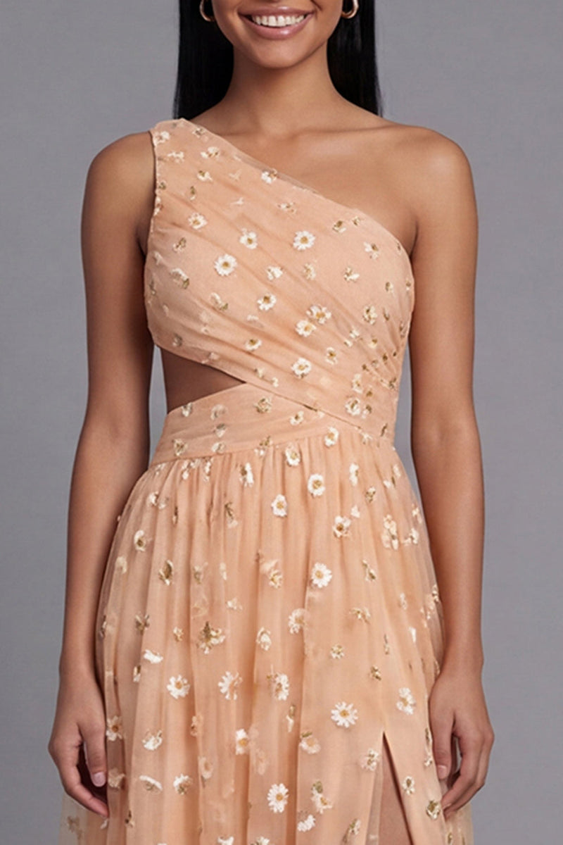 Laden Sie das Bild in den Galerie-Viewer, Orange Einschulter Besticktes Blumenkleid mit Tüll und Schlitz