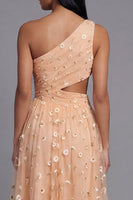 Laden Sie das Bild in den Galerie-Viewer, Orange Einschulter Besticktes Blumenkleid mit Tüll und Schlitz