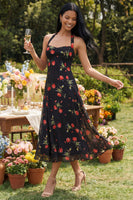 Laden Sie das Bild in den Galerie-Viewer, Chiffon Schwarzes Blumen Muster Midi-Kleid mit Halterhals