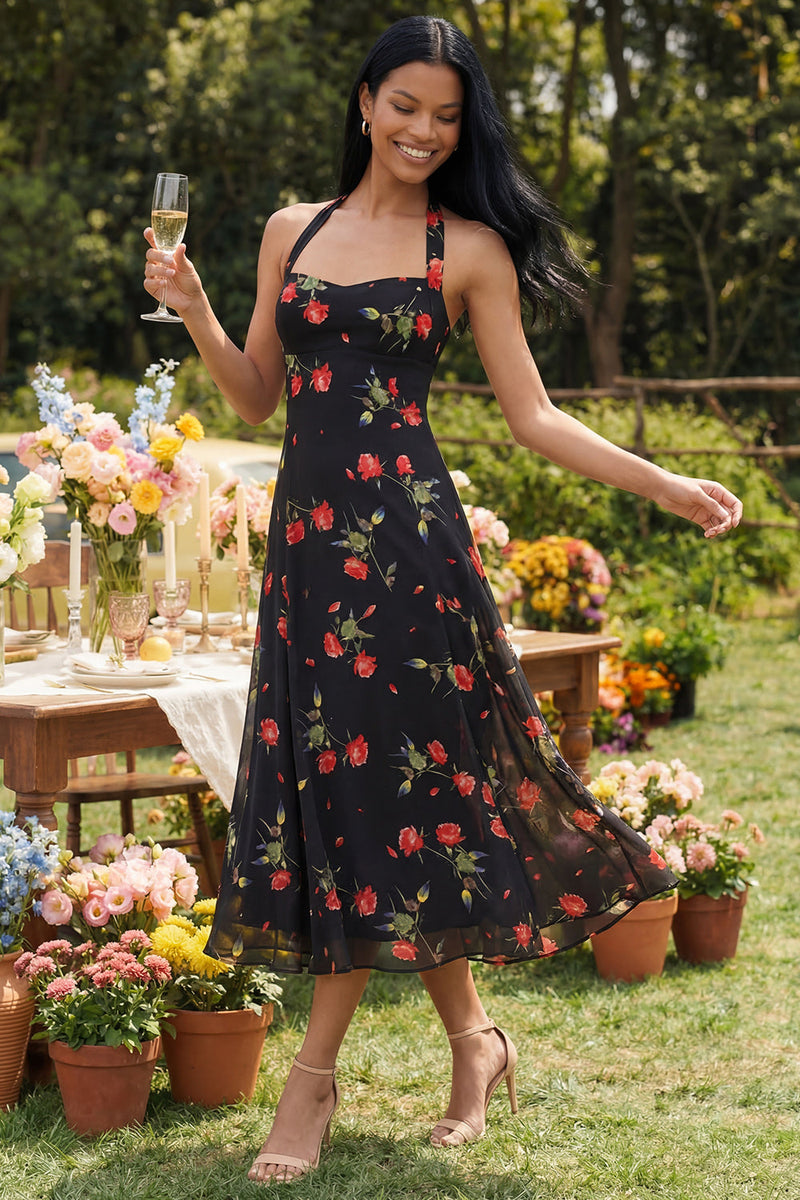 Laden Sie das Bild in den Galerie-Viewer, Chiffon Schwarzes Blumen Muster Midi-Kleid mit Halterhals