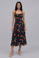 Laden Sie das Bild in den Galerie-Viewer, Chiffon Schwarzes Blumen Muster Midi-Kleid mit Halterhals