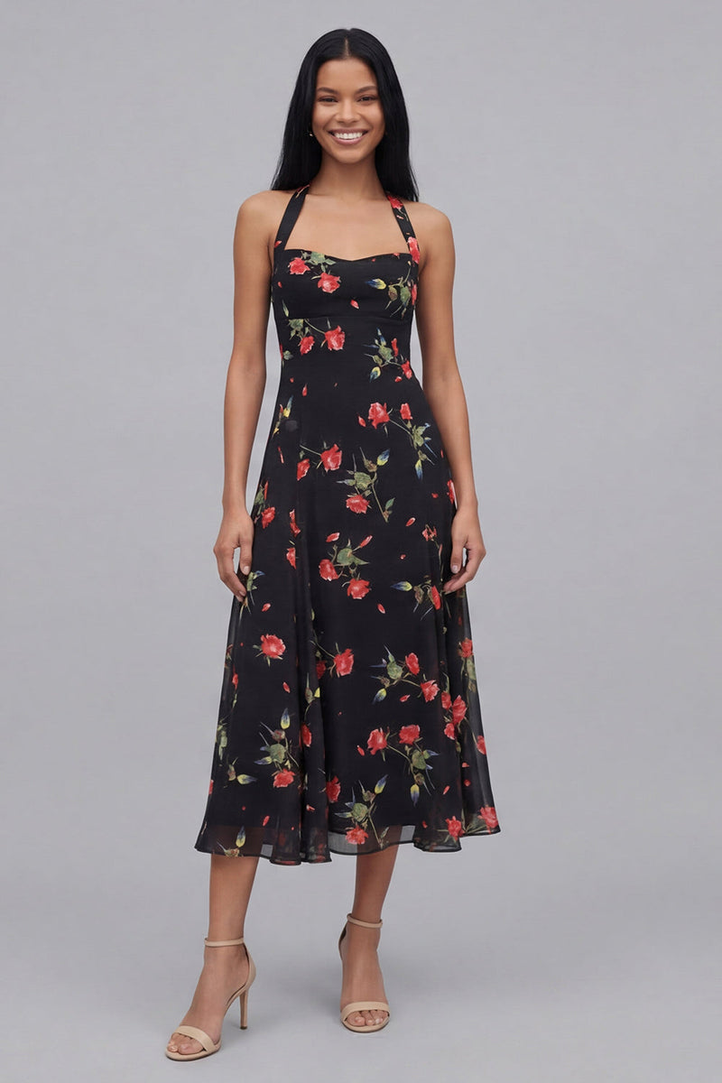 Laden Sie das Bild in den Galerie-Viewer, Chiffon Schwarzes Blumen Muster Midi-Kleid mit Halterhals