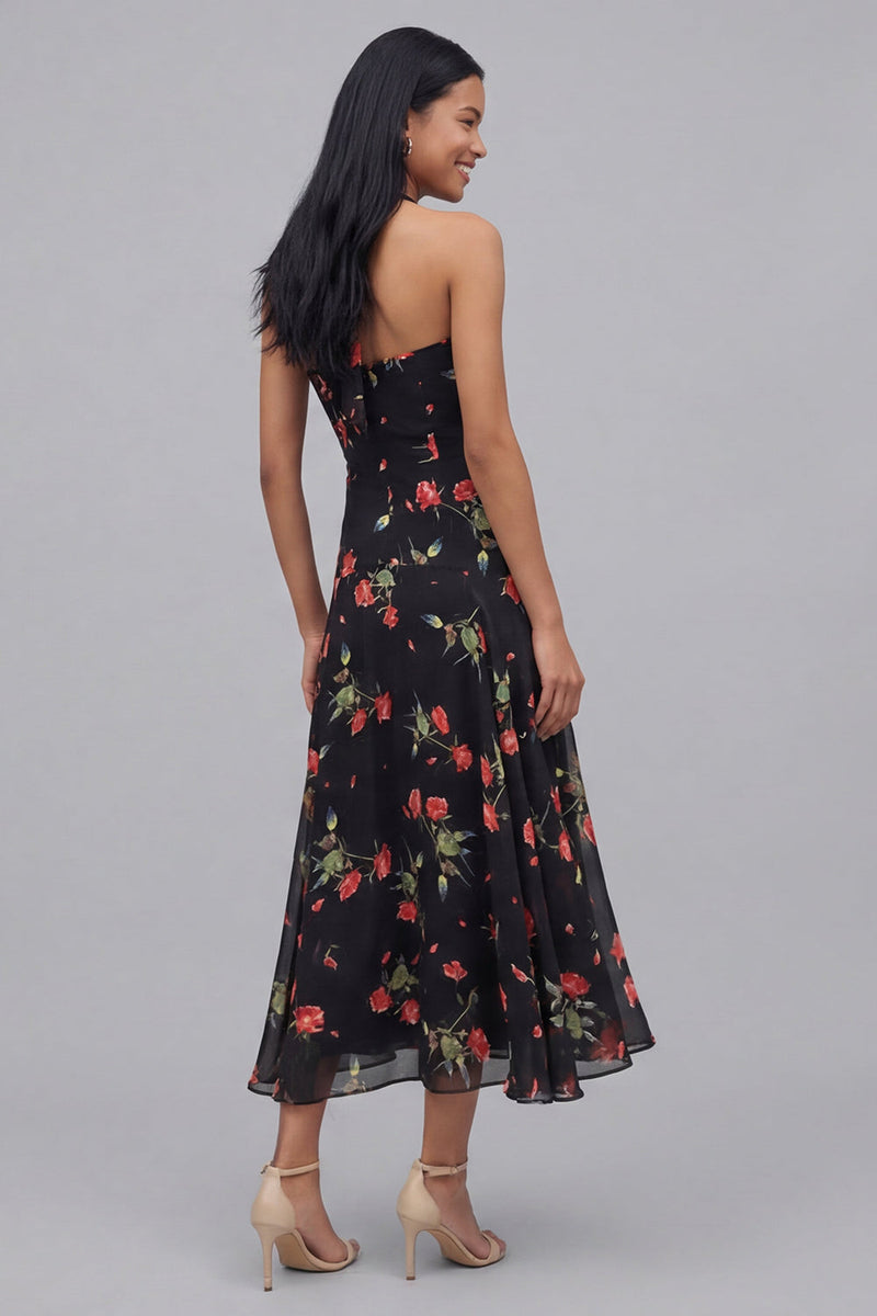 Laden Sie das Bild in den Galerie-Viewer, Chiffon Schwarzes Blumen Muster Midi-Kleid mit Halterhals