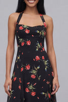 Laden Sie das Bild in den Galerie-Viewer, Chiffon Schwarzes Blumen Muster Midi-Kleid mit Halterhals