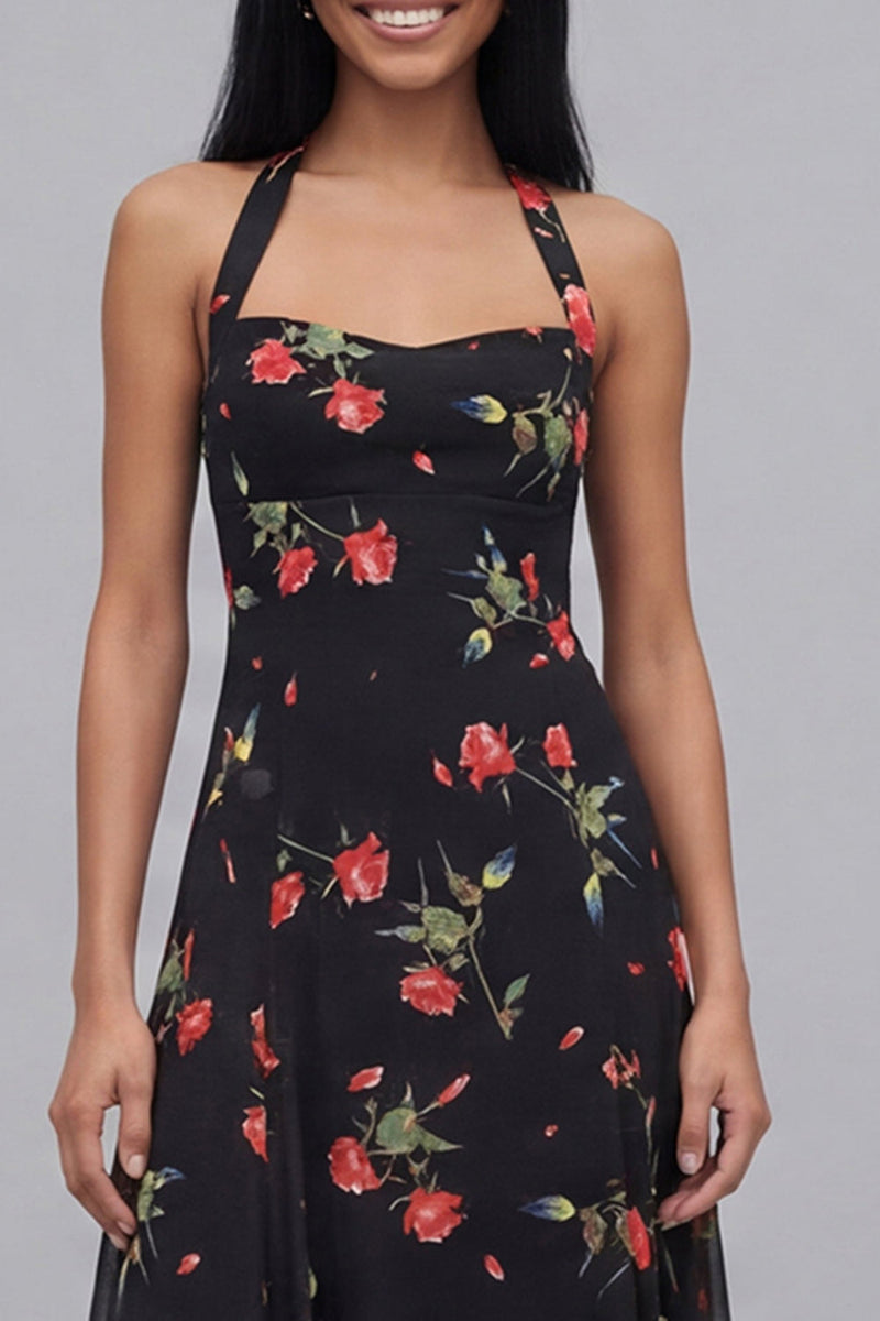 Laden Sie das Bild in den Galerie-Viewer, Chiffon Schwarzes Blumen Muster Midi-Kleid mit Halterhals