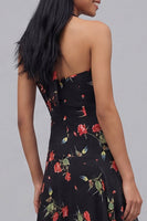 Laden Sie das Bild in den Galerie-Viewer, Chiffon Schwarzes Blumen Muster Midi-Kleid mit Halterhals