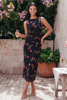 Laden Sie das Bild in den Galerie-Viewer, Schwarzes Bodycon Rundhals Chiffon Bedrucktes Blumen Midi-Kleid