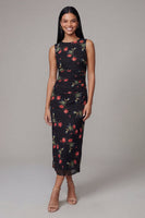Laden Sie das Bild in den Galerie-Viewer, Schwarzes Bodycon Rundhals Chiffon Bedrucktes Blumen Midi-Kleid