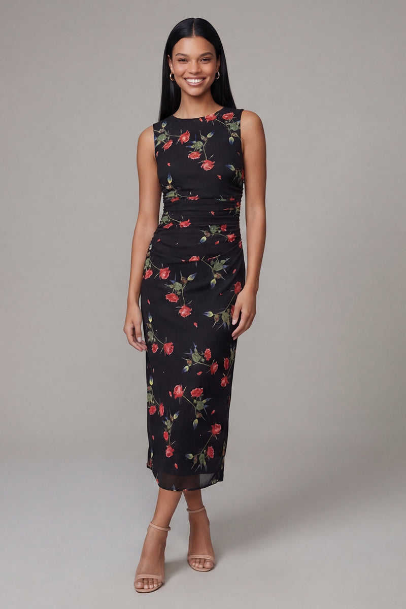 Laden Sie das Bild in den Galerie-Viewer, Schwarzes Bodycon Rundhals Chiffon Bedrucktes Blumen Midi-Kleid