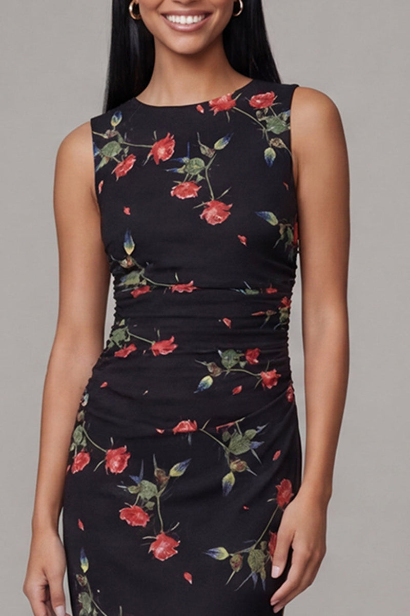 Laden Sie das Bild in den Galerie-Viewer, Schwarzes Bodycon Rundhals Chiffon Bedrucktes Blumen Midi-Kleid