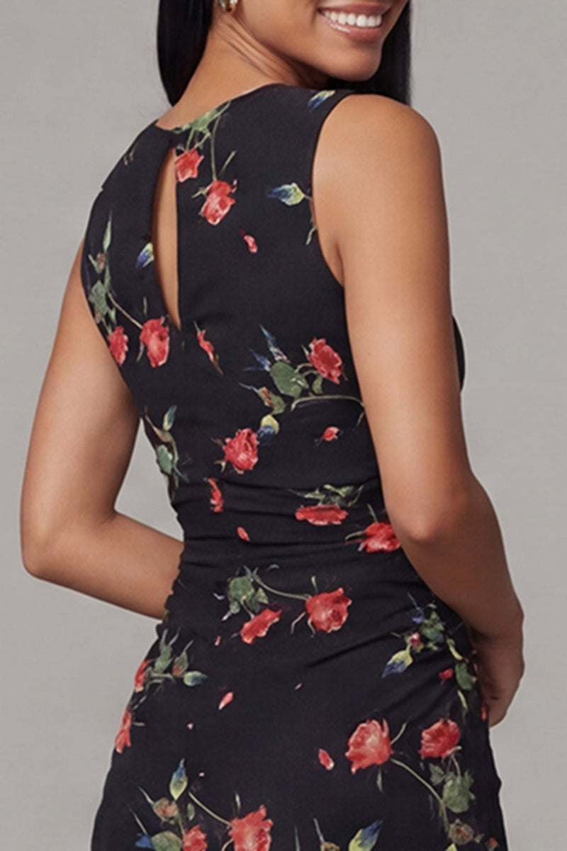 Laden Sie das Bild in den Galerie-Viewer, Schwarzes Bodycon Rundhals Chiffon Bedrucktes Blumen Midi-Kleid