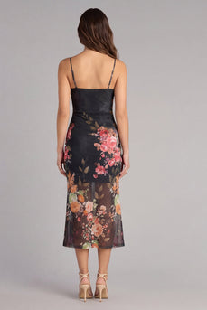 Schwarzes Bodycon Spaghettiträger Gerafftes Blumenmuster Midi Partykleid