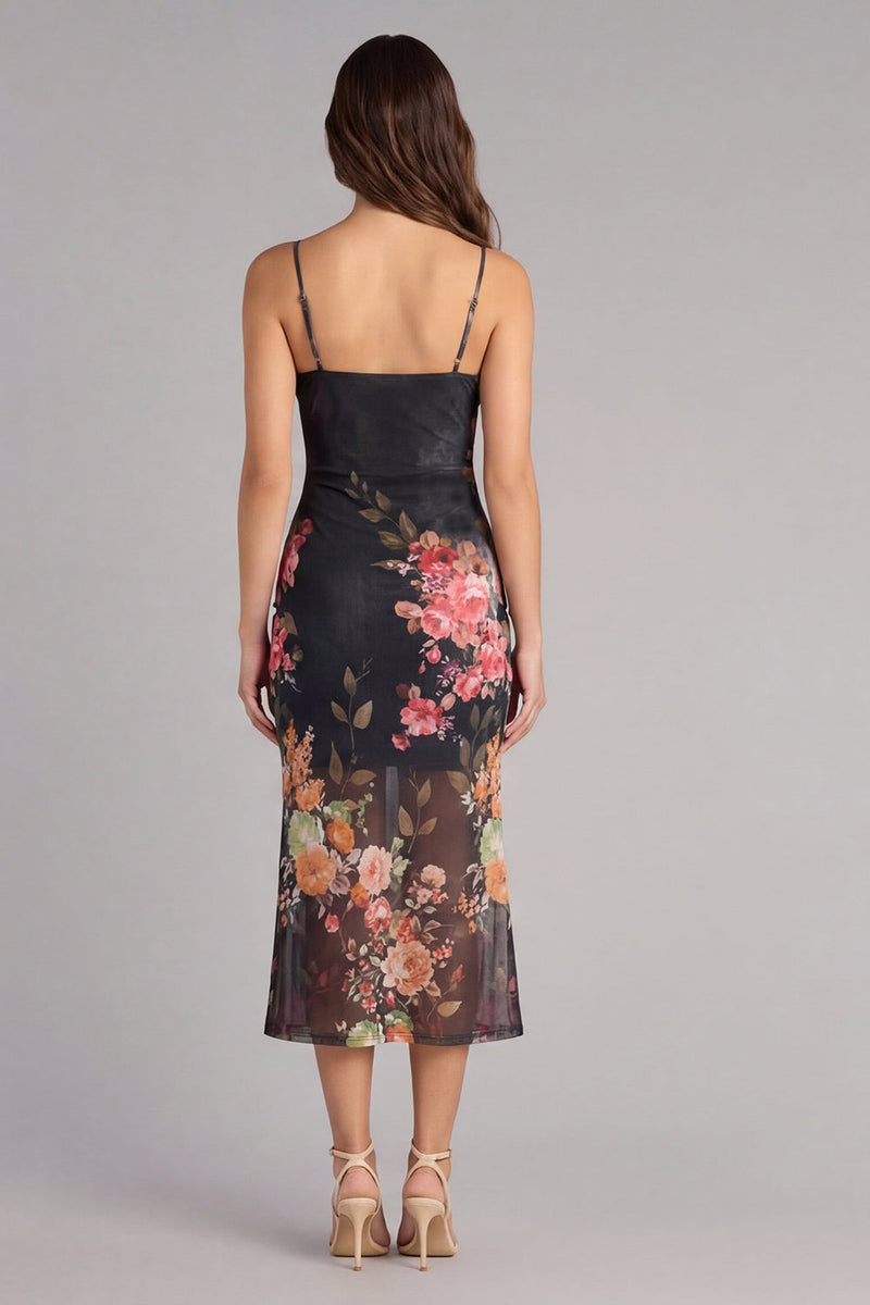 Laden Sie das Bild in den Galerie-Viewer, Schwarzes Bodycon Spaghettiträger Gerafftes Blumenmuster Midi Partykleid