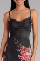 Laden Sie das Bild in den Galerie-Viewer, Schwarzes Bodycon Spaghettiträger Gerafftes Blumenmuster Midi Partykleid