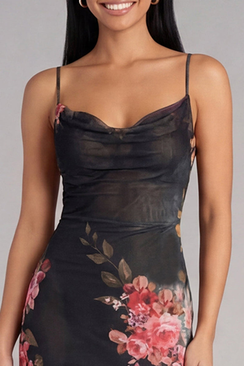 Laden Sie das Bild in den Galerie-Viewer, Schwarzes Bodycon Spaghettiträger Gerafftes Blumenmuster Midi Partykleid