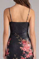 Laden Sie das Bild in den Galerie-Viewer, Schwarzes Bodycon Spaghettiträger Gerafftes Blumenmuster Midi Partykleid