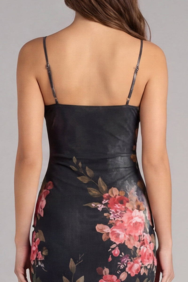 Laden Sie das Bild in den Galerie-Viewer, Schwarzes Bodycon Spaghettiträger Gerafftes Blumenmuster Midi Partykleid