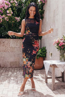 Laden Sie das Bild in den Galerie-Viewer, Tüll Schwarzes Bodycon Illusion Hals Gerafftes Blumen Midi-Kleid