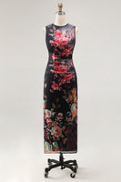 Laden Sie das Bild in den Galerie-Viewer, Tüll Schwarzes Bodycon Illusion Hals Gerafftes Blumen Midi-Kleid